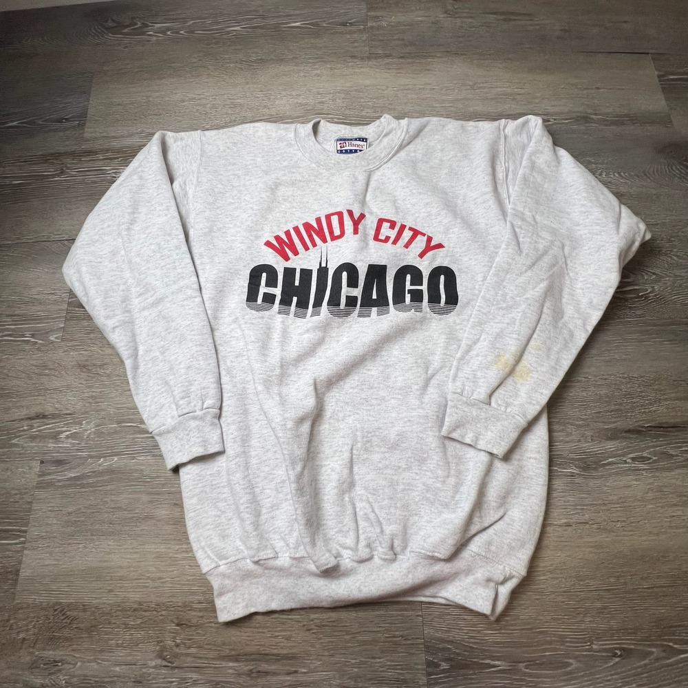 Hanes‎ Sweatshirt Mens Small Gray Windy City Chicago Vintage 90s Graphic Fleece